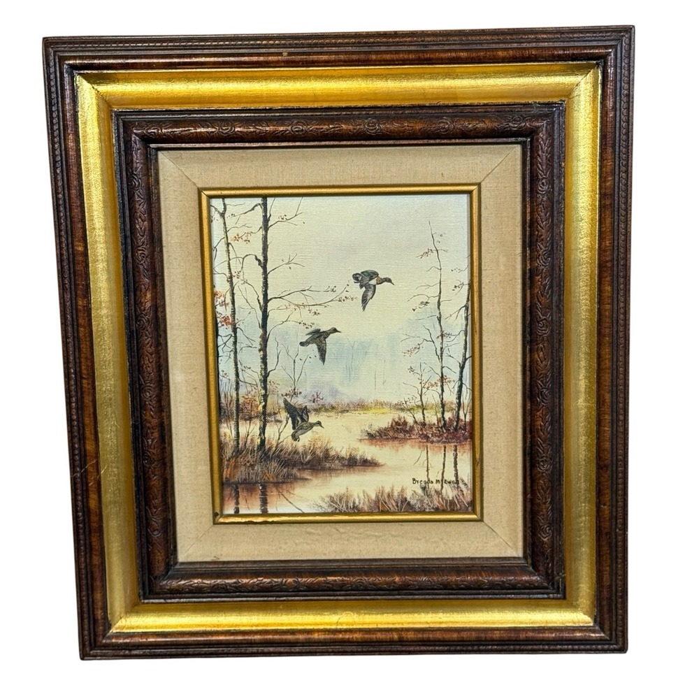 Original Oil Painting Flying Ducks Marsh Landscape Signed Brenda McEwen Framed